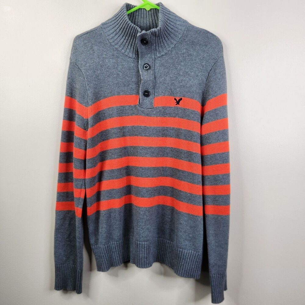 American Eagle Mens Long Sleeve Striped Pullover Henley Sweater Athletic Fit M